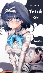 Rule 34 | 1girl, absurdres, ass, bandages, bat earrings, blue eyes, blue hair, blush, breasts, closed mouth, earrings, hair intakes, hair ornament, halloween, halloween bucket, halloween costume, highres, hiroikara (smhong04), hololive, hololive english, jewelry, kneeling, large breasts, medium hair, midriff peek, mummy costume, navel, ouro kronii, pantyhose, sarashi, simple background, solo, speech bubble, striped clothes, striped legwear, striped pantyhose, torn clothes, trick or treat, vertical-striped clothes, vertical-striped legwear, vertical-striped pantyhose, virtual youtuber, worried