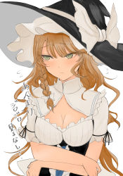Rule 34 | 1girl, :/, alternate eye color, apron, black dress, blonde hair, bow, braid, breasts, center frills, cleavage, crossed arms, dress, framed breasts, frilled dress, frills, green eyes, hat, hat bow, highres, kirisame marisa, large breasts, long hair, looking to the side, necro (nekurodayo), puffy sleeves, short sleeves, side braid, simple background, single braid, solo, touhou, translation request, waist apron, white background, white bow, witch hat