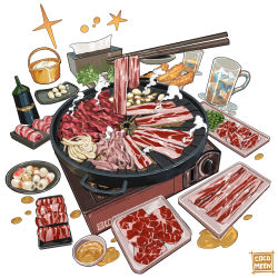 Rule 34 | artist name, beef, bowl, chopsticks, cocomeen, cup, drink, english text, food, food focus, fruit, frying pan, glass, highres, ice, ice cube, meat, mug, no humans, original, plate, sauce, saucer, simple background, spring onion, still life, tempura, tissue, tissue box, vegetable, white background