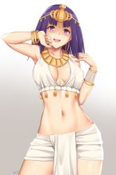 Rule 34 | 1girl, absurdres, amulet, arcie albano, bare shoulders, bracelet, breasts, cleavage, earrings, egyptian, egyptian clothes, hidan no aria, highres, hoop earrings, jewelry, looking at viewer, medium breasts, midriff, navel, necklace, patra (hidan no aria), pendant, purple eyes, purple hair, short hair, smile, solo, usekh collar