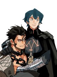 Rule 34 | 2boys, absurdres, balthus von albrecht, black hair, blue hair, byleth (fire emblem), byleth (male) (fire emblem), cape, carrying, chain, closed mouth, fire emblem, fire emblem: three houses, highres, kendy (revolocities), male focus, multiple boys, nintendo, sideburns, simple background, smile, white background, yaoi