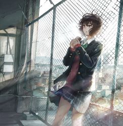 Rule 34 | 1girl, black jacket, bow, bowtie, brown hair, can, canned coffee, chain-link fence, day, drink can, fence, fusebox, green bow, green bowtie, highres, jacket, open mouth, original, plaid, plaid skirt, sakura inu (itoyatomo), school uniform, short hair, skirt, skyline, standing, sunlight