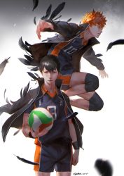 Rule 34 | 2boys, ball, black hair, black jacket, clenched hand, feathers, haikyuu!!, highres, hinata shouyou, holding, holding ball, jacket, jacket on shoulders, jumping, kageyama tobio, knee pads, looking at viewer, male focus, multiple boys, open clothes, open jacket, orange eyes, orange hair, outstretched arms, qmo (chalsoma), serious, short sleeves, shorts, signature, standing, uniform, white background, wristband