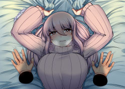 Rule 34 | 1girl, absurdres, artist name, bed, bed sheet, blush, breasts, disembodied hand, disembodied limb, heavy breathing, highres, imminent penetration, large breasts, long hair, looking at viewer, lying, on back, original, pink eyes, pink hair, pink sweater, pov, sheet grab, smile, solo, suraya (z666ful), sweater, upper body, z666ful