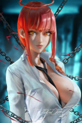 Rule 34 | 1girl, between breasts, braid, braided ponytail, breasts, chain, chainsaw man, cleavage, closed mouth, collared shirt, hair over shoulder, halo, large breasts, long hair, loose necktie, makima (chainsaw man), necktie, necktie between breasts, neckwear request, open clothes, open shirt, red hair, ringed eyes, sakimichan, shirt, sidelocks, white shirt, yellow eyes
