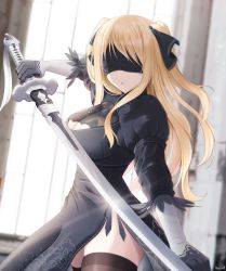 Rule 34 | 1girl, ao no kanata no four rhythm, artist name, black blindfold, black dress, black gloves, black ribbon, black thighhighs, blindfold, blonde hair, breasts, cosplay, covered eyes, dress, elbow gloves, from side, gloves, hair ribbon, highres, holding, holding sword, holding weapon, keenh, large breasts, long hair, long sleeves, looking to the side, nier:automata, nier (series), parted lips, puffy sleeves, ribbon, satouin reiko, side slit, solo, sword, thighhighs, two side up, weapon, 2b (nier:automata), 2b (nier:automata) (cosplay)