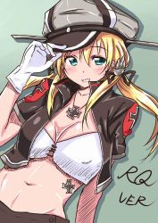 Rule 34 | 10s, 1girl, adapted costume, blonde hair, breasts, chan (akuty ikkot), cross, gloves, hair ornament, hat, highres, jewelry, kantai collection, long hair, matewi (akuty ikkot), necklace, peaked cap, prinz eugen (kancolle), simple background, sketch, smile, solo, twintails