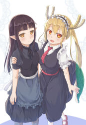 Rule 34 | 2girls, :d, apron, arm around shoulder, arm at side, arms at sides, asymmetrical docking, black apron, black dress, black legwear, black ribbon, blunt bangs, blush, breast press, breasts, brown eyes, brown hair, closed mouth, collared shirt, commentary, crossover, dragon girl, dragon horns, dragon tail, dress, fang, female focus, frilled apron, frilled sleeves, frills, from above, frown, hair between eyes, happy, highres, hikari niji, hime cut, horns, hug, isekai shokudou, kobayashi-san chi no maidragon, kuro (isekai shokudou), lace background, large breasts, leg up, long hair, looking at viewer, looking up, maid, maid headdress, mary janes, medium breasts, monster girl, multiple girls, neck, neck ribbon, necktie, no gloves, open mouth, orange eyes, pointy ears, red footwear, red necktie, ribbon, shirt, shoes, short sleeves, slit pupils, smile, standing, tail, tohru (maidragon), trait connection, twintails, waist apron, waitress, white background, white legwear, white shirt, wing collar