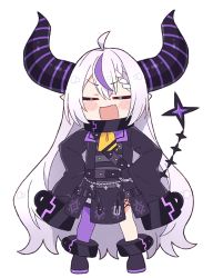 Rule 34 | 1girl, ahoge, black coat, blush, blush stickers, braid, chibi, closed eyes, coat, collar, commentary, demon horns, english commentary, facing viewer, fang, female focus, french braid, full body, hair between eyes, hololive, holox, horns, kukie-nyan, la+ darknesss, long hair, metal collar, multicolored hair, open mouth, pointy ears, purple hair, purple thighhighs, silver hair, simple background, single braid, single thighhigh, skin fang, sleeves past fingers, sleeves past wrists, solo, streaked hair, striped horns, thighhighs, transparent background, two-tone hair, virtual youtuber