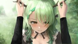 Rule 34 | 1girl, alternate costume, antlers, asymmetrical hair, black dress, black ribbon, blurry, blurry background, blush, braid, ceres fauna, chan1moon, commentary, day, detached collar, dress, embarrassed, english commentary, eyelashes, french braid, green hair, hair between eyes, hololive, hololive english, horns, light green hair, long hair, looking away, looking to the side, mole, mole under eye, multicolored hair, neck ribbon, outdoors, parted lips, portrait, pov, ribbon, single braid, solo focus, streaked hair, two-tone hair, virtual youtuber, yellow eyes