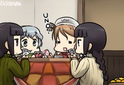 Rule 34 | 10s, 4girls, :&gt;, :o, = =, alternate costume, black hair, braid, brown hair, card game, commentary request, dated, dual persona, closed eyes, hamu koutarou, kantai collection, kitakami (kancolle), kotatsu, littorio (kancolle), long hair, multiple girls, open mouth, playing games, remodel (kantai collection), ribbed sweater, silver hair, sweater, table, triangle mouth, wavy hair, yamagumo (kancolle)
