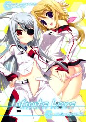 Rule 34 | 2girls, bare legs, bare shoulders, barefoot, blonde hair, blush, charlotte dunois, cover, cover page, eyepatch, fujima takuya, hand on own chest, hand on own hip, infinite stratos, laura bodewig, long hair, multiple girls, navel, no panties, off shoulder, open fly, panties, panty pull, purple eyes, red eye, red eyes, shiny skin, underwear, uniform