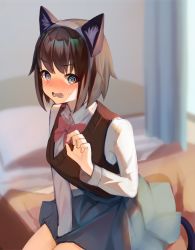 Rule 34 | 1girl, @ @, animal ear fluff, animal ears, bed, between legs, black eyes, blue skirt, blurry, blurry background, blush, bow, cat ears, cat tail, collared shirt, commentary request, curtains, depth of field, fake animal ears, hand between legs, hand up, highres, indoors, long sleeves, looking at viewer, nose blush, on bed, open mouth, original, pillow, pink bow, pleated skirt, school uniform, shirt, sitting, skirt, solo, sweat, sweater vest, tail, v-shaped eyebrows, wavy hair, white shirt, yoshimori isa