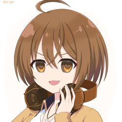 Rule 34 | 1girl, ahoge, assault lily, brown background, brown cardigan, brown eyes, brown hair, cardigan, collared shirt, commentary request, gradient background, hair between eyes, hand up, headphones, headphones around neck, highres, holding, holding headphones, jewelry, kawamura yuzuriha, long sleeves, looking at viewer, necklace, odaiba girls high school uniform, open cardigan, open clothes, open mouth, pendant, piatin, portrait, school uniform, shirt, short hair, sleeves past wrists, smirk, solo, twitter username, v-shaped eyebrows, white background, white shirt