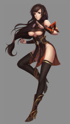 Rule 34 | 1girl, absurdres, bare shoulders, belt, black thighhighs, boots, bracer, breasts, brown eyes, brown hair, china dress, chinese clothes, clenched hand, clothing cutout, dress, fighting stance, full body, grey background, high heel boots, high heels, highres, large breasts, light smile, long hair, looking at viewer, low-tied long hair, mxj, original, panties, side slit, simple background, solo, standing, standing on one leg, thighhighs, underboob, underboob cutout, underwear, white panties, yin yang