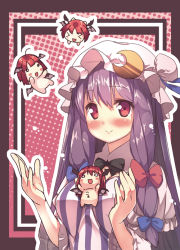 Rule 34 | &gt; &lt;, 4girls, :d, > <, ahoge, bare shoulders, bat wings, blush, chibi, crescent, closed eyes, female focus, hat, head wings, koakuma, long hair, multiple girls, multiple persona, nude, o o, open mouth, outline, patchouli knowledge, purple hair, red hair, sidelocks, smile, striped, touhou, usume shirou, vertical stripes, wings, xd