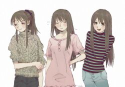 Rule 34 | 1girl, arms behind back, artist name, ayase asagi, black pants, brown eyes, brown hair, closed eyes, denim, frilled sleeves, frills, highres, jeans, jeksteinhj, knit sweater, long hair, long sleeves, looking at viewer, looking to the side, open mouth, pajamas, pants, pink pajamas, ponytail, raised eyebrows, shirt, short sleeves, sidelocks, simple background, smile, striped clothes, striped shirt, sweater, turtleneck, turtleneck sweater, white background, yotsubato!