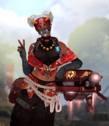 Rule 34 | 1girl, apex legends, bandages, bandaged arm, bandages, bare shoulders, belt, belt pouch, blurry, blurry background, breasts, commentary, cowboy shot, dark skin, dark-skinned female, day, double bun, drone, english commentary, eyelashes, hand up, highres, lifeline (apex legends), looking to the side, mask, medium breasts, mouth mask, nail polish, outdoors, pants, pink nails, pouch, rope, rope belt, rudehousecat, short hair, solo, standing, turtleneck, utility belt, v, very dark skin, white hair