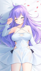 Rule 34 | 1girl, :o, azur lane, bare shoulders, bed sheet, blush, breasts, closed eyes, commentary request, criss-cross halter, detached sleeves, dress, facing viewer, halterneck, hand up, highres, large breasts, long hair, long sleeves, lying, on back, parted lips, petals, purple hair, satsuki yukimi, solo, unicorn (azur lane), very long hair, white dress, white sleeves