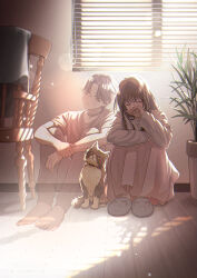 Rule 34 | 1boy, 1girl, absurdres, barefoot, bell, window blinds, brown hair, cat, chair, choker, closed eyes, collar, crying, day, facing viewer, ghost, highres, indoors, knees up, lens flare, macaronk, neck bell, original, plant, potted plant, sitting, slippers, sunlight, window, wooden floor, yellow eyes