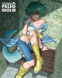 Rule 34 | 1girl, artist name, belt boots, blue shorts, boots, english text, green hair, highres, kamitoge supino, knee boots, looking at viewer, open fly, original, paleo idol, personification, sailor collar, shirt, short hair, short sleeves, shorts, sitting, slit pupils, solo, tail, tile floor, tile wall, tiles, white shirt, yellow eyes, yellow footwear, yellow neckwear