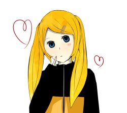 Rule 34 | 1girl, bad anatomy, bad id, bad pixiv id, black jacket, blonde hair, blue eyes, blush, blush stickers, facing viewer, genderswap, genderswap (mtf), hair ornament, hairclip, hand up, heart, index finger raised, jacket, long hair, long sleeves, looking at viewer, mikihoho, multicolored clothes, multicolored jacket, naruko (naruto), naruto, naruto (series), orange jacket, pale skin, parted lips, poorly drawn, portrait, simple background, solo, twintails, upper body, uzumaki naruto, white background, zipper
