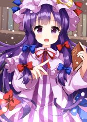 Rule 34 | 1girl, :d, blue bow, book, bookshelf, bow, crescent, crescent pin, dress, hair bow, hat, highres, holding, holding book, long hair, long sleeves, looking at viewer, mob cap, multiple bows, open mouth, patchouli knowledge, purple eyes, purple hair, purple hat, red bow, red neckwear, ruu (tksymkw), sidelocks, smile, solo, striped clothes, striped dress, touhou