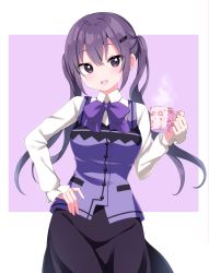 Rule 34 | 1girl, :d, black skirt, border, collared shirt, cowboy shot, cup, floating hair, gochuumon wa usagi desu ka?, hair between eyes, hair ornament, hairclip, hand on own hip, highres, holding, holding cup, long hair, long sleeves, looking at viewer, open mouth, outside border, purple background, purple eyes, purple hair, purple neckwear, purple vest, rabbit house uniform, shirt, skirt, smile, solo, standing, tawai, tedeza rize, twintails, very long hair, vest, white border, white shirt, wing collar