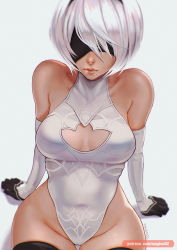 Rule 34 | 1girl, bare shoulders, black blindfold, black hairband, blindfold, cleavage cutout, clothing cutout, covered eyes, hairband, highleg, highleg leotard, leotard, magion02, mole, mole under mouth, nier (series), nier:automata, signature, solo, thick thighs, thigh gap, thighhighs, thighs, watermark, white background, white leotard, 2b (nier:automata)