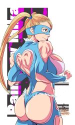 Rule 34 | 1girl, ass, ass focus, bare shoulders, blonde hair, breasts, cleavage, clothing cutout, from behind, heart cutout, highres, huge ass, large breasts, leotard, long hair, long sleeves, mask, mimiyama kiichi, rainbow mika, solo, street fighter, thong leotard, twintails, very long hair, wrestling outfit