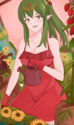 Rule 34 | 1girl, blush, breasts, cleavage, dress, fire emblem, fire emblem awakening, flower, flower pot, food, fruit, gloves, green eyes, green hair, highres, kgctcg, kneeling, looking at viewer, nintendo, pointy ears, red dress, red gloves, smile, strawberry, tiki (fire emblem), watering can
