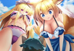 Rule 34 | 3girls, animal ears, backlighting, bent over, bikini, black hair, blonde hair, blue bikini, blue eyes, blue sky, blurry, bow, breast envy, breasts, cat ears, chen, cloud, collarbone, covered erect nipples, day, eyebrows, eyes visible through hair, fang, fox ears, fox tail, frilled bikini, frills, from below, green hat, hands on own knees, hat, large breasts, leaning forward, light rays, long hair, looking at another, looking down, mob cap, multiple girls, multiple tails, navel, open mouth, purple bikini, purple eyes, sarong, short hair, sky, smile, sparkle, sunlight, swimsuit, tail, touhou, underboob, very long hair, yakumo ran, yakumo yukari, z.o.b