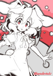 Rule 34 | 1girl, :o, \||/, rabbit tail, dress, inaba tewi, looking at viewer, messy hair, monochrome, mutsuki riichi, outstretched arms, pink background, red eyes, short hair, solo, spot color, tail, teeth, touhou, wavy hair