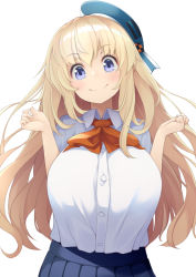Rule 34 | 1girl, alternate costume, ascot, atago (kancolle), beret, blue hat, blue skirt, blush, breasts, hat, huge breasts, kantai collection, long hair, mofu namako, pleated skirt, purple eyes, red ascot, shirt, shirt overhang, shirt tucked in, short sleeves, simple background, skirt, smile, solo, upper body, white background, white shirt