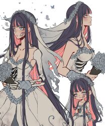 Rule 34 | 1girl, bare shoulders, black hair, blunt bangs, blush, bouquet, breasts, closed mouth, collarbone, corpse bride, criis-chan, dress, flower, frilled dress, frills, grey dress, hair flower, hair ornament, holding, holding bouquet, large breasts, long hair, multiple views, panty &amp; stocking with garterbelt, pink hair, profile, skull, stocking (psg), teeth, twitter username, wedding dress