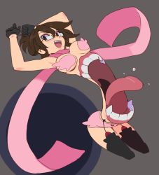 Rule 34 | 1girl, 2015, breasts, brown hair, extra mouth, garter belt, garter straps, glasses, gloves, grey background, lingerie, long tongue, looking at viewer, open mouth, pasties, ponytail, scarf, simple background, skullgirls, smile, solo, thighhighs, tongue, tongue out, underwear, venus (skullgirls), yuriyuri (ccc)