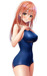 Rule 34 | 1girl, blue one-piece swimsuit, blush, breasts, commentary, competition school swimsuit, covered navel, cowboy shot, crossed bangs, from side, hair between eyes, hand on own chest, highres, large breasts, long hair, looking at viewer, mole, mole on arm, one-piece swimsuit, orange hair, original, parted lips, pink hair, school swimsuit, sidelocks, simple background, solo, standing, swimsuit, taut clothes, taut swimsuit, teeth, white background, yellow eyes, yukemuriganmo