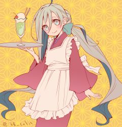 Rule 34 | 10s, 1girl, ahoge, alternate costume, apron, blue hair, cherry, colis, commentary request, dessert, enmaided, food, fruit, grey eyes, grey hair, hair between eyes, holding, holding tray, kantai collection, kiyoshimo (kancolle), long hair, looking at viewer, low twintails, maid, multicolored hair, patterned background, smile, solo, tray, twintails, twitter username, very long hair, wa maid, wide sleeves