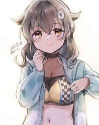 Rule 34 | alternate costume, artist name, bandeau, black hair, blue jacket, breasts, cleavage, commentary request, dated, hair flaps, hair ornament, hairclip, highres, jacket, jingei (kancolle), kantai collection, kirisawa juuzou, large breasts, long hair, looking at viewer, multicolored clothes, red eyes, smile, turtleneck, upper body