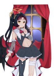 Rule 34 | 1girl, absurdres, asymmetrical legwear, bandages, belly, black hair, commission, demon, demon horns, dress, fingernails, highres, horns, idol corp, jaqui, lily sin, long hair, looking at viewer, multicolored hair, navel, neckerchief, simple background, skirt, tail, virtual youtuber, window, wings