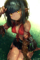 Rule 34 | 1girl, anklet, bare shoulders, barefoot, belt, blush, breasts, choker, cleavage, dark-skinned female, dark skin, day, detached sleeves, front-tie top, grass, green hair, highres, jam8686, jewelry, looking at viewer, medium breasts, nail polish, necklace, original, outdoors, pointy ears, red nails, shade, short hair, solo, twitter username, yellow eyes