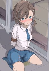 Rule 34 | !, 1girl, arms behind back, bdsm, blue eyes, blue socks, blue necktie, blue skirt, blush, bondage, bound, bound arms, breasts, brown hair, embarrassed, empty eyes, female focus, full body, gegege no kitarou, hair ornament, hairclip, highres, indoors, inuyama mana, japanese text, kneehighs, long sleeves, medium breasts, muroi (fujisan0410), necktie, nose blush, open mouth, peeing, peeing self, pleated skirt, puddle, rope, shirt, short hair, sitting, skirt, socks, solo, steam, tears, translated, wariza, wet, wet clothes, white shirt