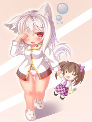 Rule 34 | 1girl, :d, animal ears, bad id, bad pixiv id, blush, bow, brown eyes, brown hair, cellphone, character doll, dog slippers, dragoner, hair bow, himekaidou hatate, inubashiri momiji, no pants, open mouth, panties, phone, red eyes, rubbing eyes, shirt, silver hair, skirt, sleepy, smile, solo, tail, touhou, twintails, underwear, white panties, wide hips, wolf ears, wolf tail