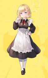 Rule 34 | 1girl, alternate costume, apron, black dress, black footwear, blonde hair, blue eyes, braid, breasts, closed mouth, commentary, dress, frilled apron, frills, hair ornament, hand on own hip, hand up, highres, hitsukuya, hololive, hololive english, loafers, long sleeves, looking at viewer, medium breasts, pantyhose, puffy long sleeves, puffy sleeves, shoes, solo, virtual youtuber, watson amelia, white apron, white pantyhose, yellow background, zoom layer