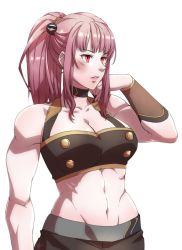 Rule 34 | 1girl, abs, alternate costume, alternate hairstyle, blush, bracelet, breasts, choker, cleavage, commentary, death-sensei (mori calliope), english commentary, highres, hololive, hololive english, jewelry, midriff, mori calliope, muscular, muscular female, navel, parted lips, pink hair, ponytail, red eyes, ryuuen, solo, virtual youtuber, white background