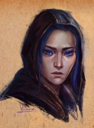 Rule 34 | 1girl, arcane: league of legends, arcane caitlyn, artist name, blue eyes, blue hair, brown background, brown cloak, caitlyn (league of legends), cloak, closed mouth, commentary, english commentary, hood, hood up, inna vjuzhanina, league of legends, long hair, solo