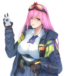 Rule 34 | 1girl, absurdres, assault rifle, belt, black gloves, blue skirt, breasts, carbine, card, cozie178, electroshock weapon, eyewear on head, girls&#039; frontline, gloves, gun, highres, holding, holding card, holstered, joker (playing card), large breasts, less-than-lethal weapon, long hair, looking at viewer, open mouth, pink eyes, pink hair, playing card, police, police uniform, rifle, shirt, sig mcx (girls&#039; frontline), sig sauer, sig mcx, skirt, solo, taser, taser x26, uniform, walkie-talkie, weapon, white background, white shirt