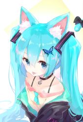 Rule 34 | 1girl, :p, animal ears, bell, black bow, black jacket, blue butterfly, blue eyes, blue hair, blue necktie, bow, bug, butterfly, butterfly hair ornament, cat ears, cat tail, chest tattoo, collar, collarbone, commentary request, hair ornament, hairclip, hatsune miku, insect, jacket, long hair, looking at viewer, neck bell, necktie, nejikyuu, revision, shirt, short necktie, solo, spaghetti strap, tail, tail bow, tail ornament, tattoo, tongue, tongue out, twintails, upper body, very long hair, vocaloid, yellow shirt, zipper