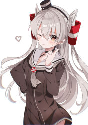 Rule 34 | 1girl, absurdres, amatsukaze (kancolle), black dress, blush, brown eyes, cowboy shot, dress, fathom, grey hair, hair between eyes, hair tubes, heart, highres, kantai collection, long hair, long sleeves, one eye closed, parted lips, sailor collar, sailor dress, simple background, solo, two side up, white background, white sailor collar, windsock