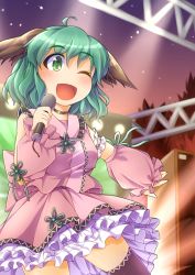 Rule 34 | 1girl, ;d, adapted costume, ahoge, animal ears, arm garter, black thighhighs, blush, choker, detached sleeves, female focus, fun bo, green eyes, green hair, holding, kasodani kyouko, matching hair/eyes, microphone, music, one eye closed, open mouth, short hair, singing, smile, solo, speaker, stage, stage lights, symbol-shaped pupils, thighhighs, touhou, wink